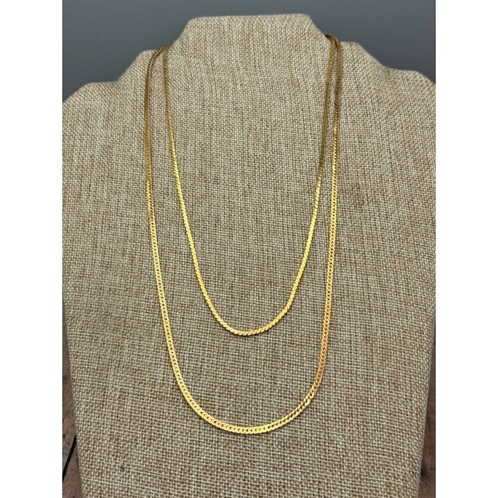 Gold Tone Herringbone Double Strand Chain Necklace Convertible 2 Chains 17" 21"